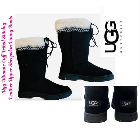 Ugg Shoes - Gently Worn Ugg Ultimate Cuff Tribal Stitching Leather Sheepskin Black Boots